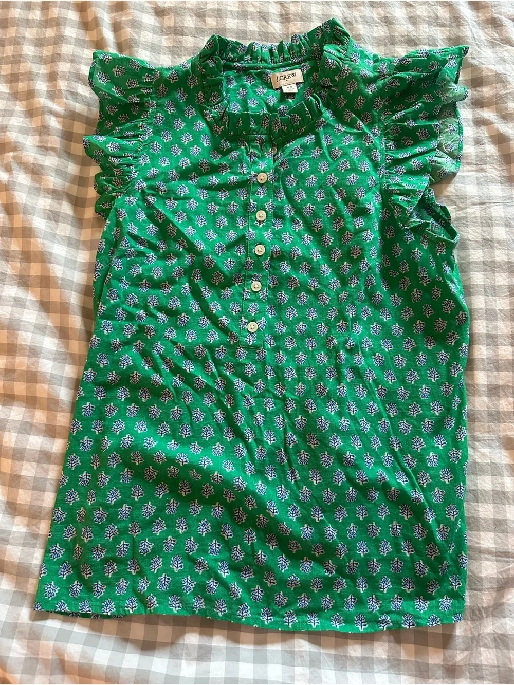 J. Crew Green Floral Ruffle-Sleeve Button Front Blouse